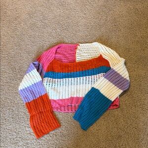 SHEIN Pink and Purple Crew Neck Sweater with Ribbed Knit Texture